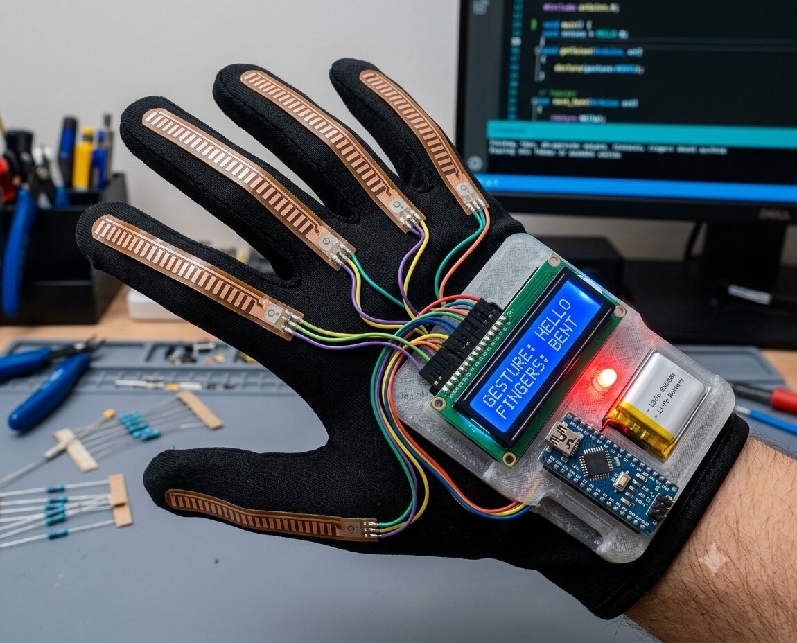 Smart gesture glove with five flex sensors, a 16x2 LCD showing the detected gesture, a microcontroller and a small battery